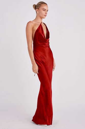 Image of Memoriesea Women's Low Cut Cowl Neck Open Back Tie Up Cocktail Party Maxi Dress Red