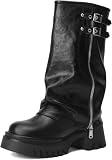 Mid Calf Boots for Women Fold Over Zipper Buckle Riding Boot Black Wide Calf Platform Round Toe Chunky Low Heel Tall Boot Cowboy Biker Motorcycle Boots