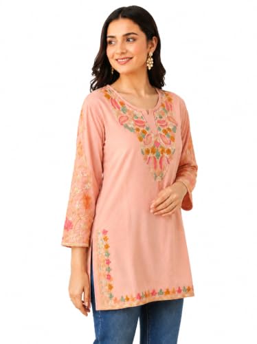 Image of HAUTEMODA Women Cotton Floral Embroidered Short Kurti, Tunic, Three-Fourth Sleeves, White
