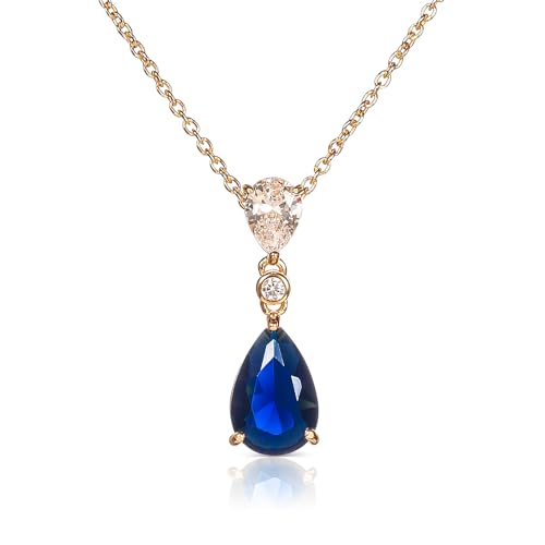 Diamond Treats Collier Pendentif Saphir Bleu en Goutte - Argent Sterling 925 Plaqué Or - Bijoux Femme et Jeune Fille