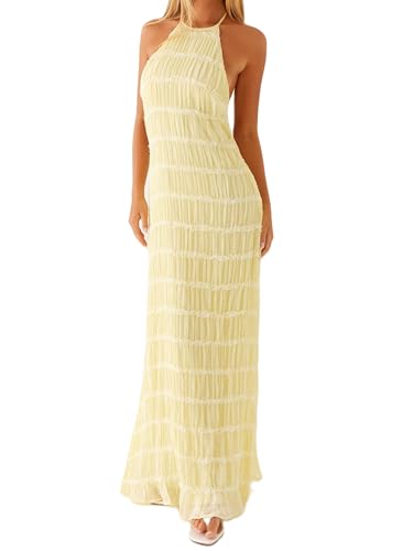 Women Y2k Backless Long Dress Halter Tie Neck Maxi Dress Flowy Beach Sundress Summer Streetwear