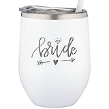 Bride Tumbler | Engraved Stainless Steel Wine Tumbler with Lid and Straw For Bride to Be | Soon to Be Bride | Newly Engaged | Engagement Glasses (12 Ounce, White)