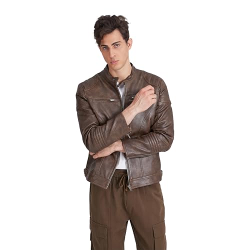 TZMAPU men's motorcycle PU leather jacket Punk style standing collar