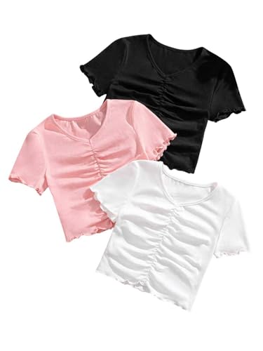 Milumia Girl's 3 Pack Ruched Short Sleeve Crop Tees V Neck Lettuce Trim Cute T-Shirts Tops2