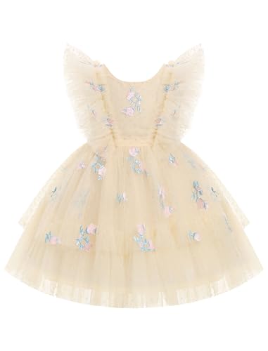 Girls Sequin Dress Toddler Shiny Rainbow Stars Tulle Dresses Ruffle Sleeve Birthday Party Photo Shoot Apricot 12-18 Months