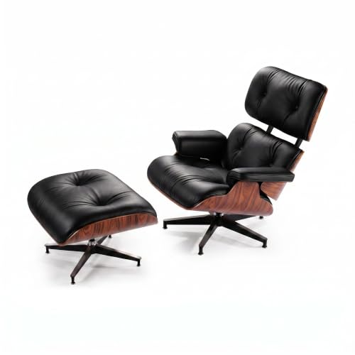 Top Black Grain Leather Mid Century Chaise Lounge Chair and Ottoman Genuine Leather Accent Chair Modern Chair Classic Design Lounge Chair with Heavy Duty Base Support for Living Room Palisander/Black