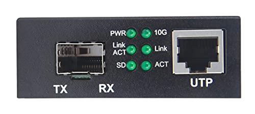 Image of 10GBase-T to 10GBase-R Media Converter, SFP+ Slot and RJ45 Port | 10GBase-T to 10GBase-R media converter with RJ45 and SFP+ ports, supports 1000Base to 10GBase speeds, LEDs status