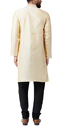 Image of SOJANYA (Since 1958 Mens Maroon Jacquard Silk Kurta and Black Churidaar Pyjama Set