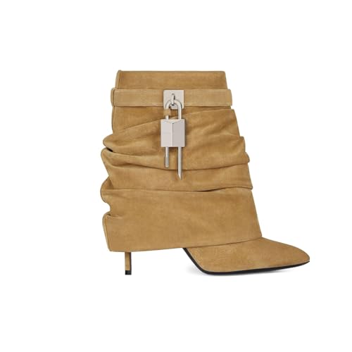 Fold Over Boots for Women Slouchy Stiletto High Heel Pointed Toe Metal Buckle Shark Lock Boots Mid Calf Pull On 2024 Fashion Boots Short Booties