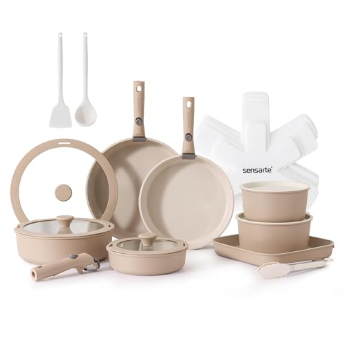 SENSARTE Set de Casseroles et Poêles 24 Pièces - Revêtement Céramique Antiadhésif - Batterie de Cuisine pour Induction/Gaz, Poignées Amovibles, Empilable...