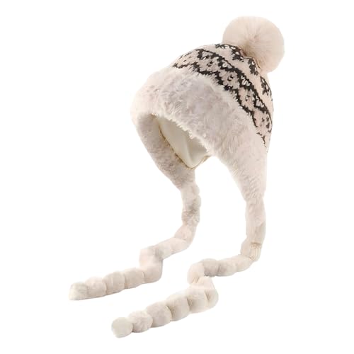 Falafoty Gorro de Invierno Térmico con Orejeras para Mujer,Gorro De Punto Cálido Felpa Gruesa Forrada,Gorra de Trampero a Prueba de Viento Nieve para Deporte Al Aire Libre (FR/ES, Números, 30, Beige)