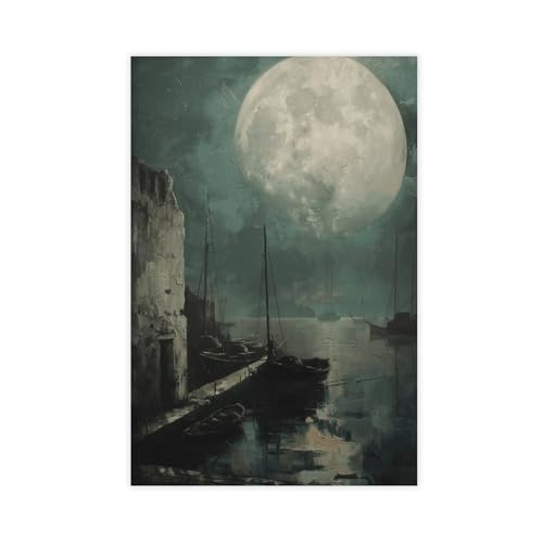 Kroey Full Moon Harbor Coastal Wall Art Seascape Painting, Nautical