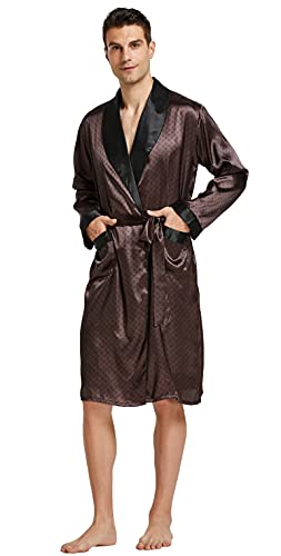 Image of TONY AND CANDICE Men's Satin Robe Lightweight Long Sleeve Silk Kimono Bathrobe with Shorts Set Sleepwear