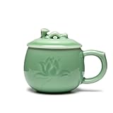 SILINE Longquan Celadon Tea Cup with Lid 11.8 oz/350ml,Green Porcelain Coffee Mug Teacup Lucky Gift -Classic Cyan