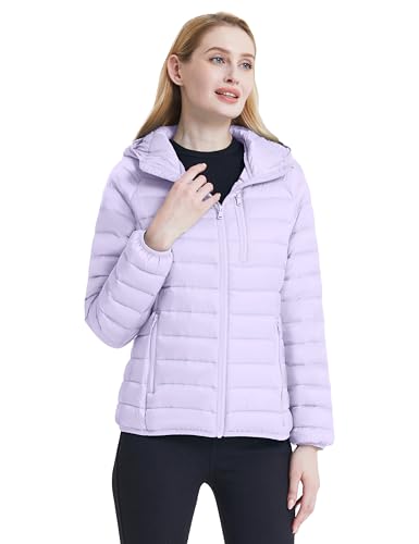 Wantdo Jaqueta feminina embalável leve acolchoada com capuz casaco de inverno, Lavanda, G