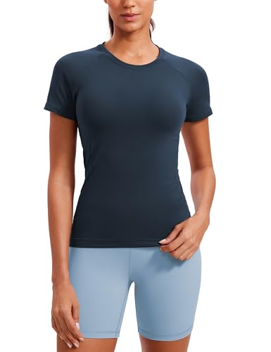 CRZ YOGA Women's Seamless Sports T Shirts Breathable Short Sleeve Top Active Gym Running Fitness T-Shirt Twilight Blue 10