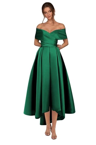 Women’s High Low Satin Prom Dress with Pockets Off The Shoulder Formal Cocktail Homecoming Dresses