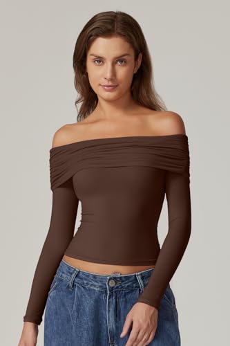 QINSEN Womens Off The Shoulder Tops Double Lined Long Sleeve T Shirts Slim Fitted Stretchy Crop Top4