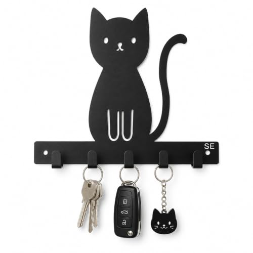 Image of Key Holder for Home, Metal Wall Mounted, 6 Hooks (Big Cat) | Cat Design, Includes Mounting Screws, For Home Use, 6 Hook Hanger, Metal Construction