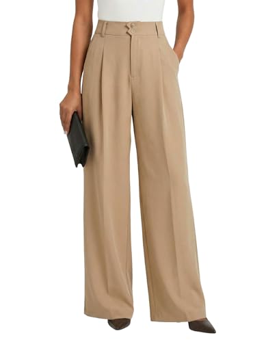 GEKCM Women Wide Leg Dress Pants High Elastic Waisted in The Back Business Casual Button Pleated Trousers with Pockets Khaki XL