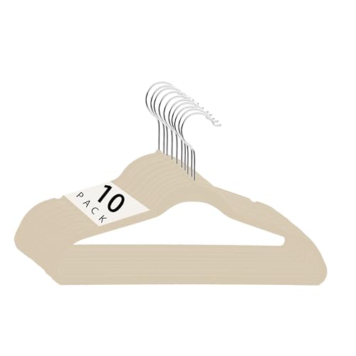 Image of Simplify Children’s 10 PK Velvet Hangers | Dimensions : 13.78" W x 8.46" H | Durable Plastic | Non-Slip | Keeps Shape | 14” Width | Children Sizes 2-16 | Velvet, Ivory