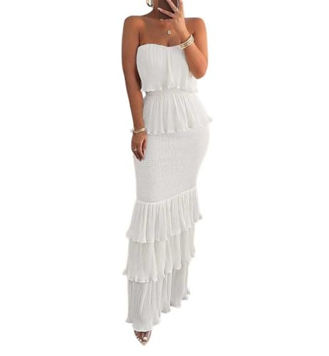 chouyatou Women's Sweet Ruffle Smocked Bodycon Maxi Dress Shirred Package Hip Mermaid Bandeau Dress (Large, White)
