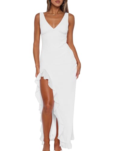 Mokoru Women's Sexy Bodycon V Neck Sleeveless Ruffle Hem High Slit Cocktail Party Maxi Dresses, Small, White