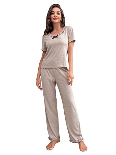 Sweatyrocks Women's 2 Piece Pajama Set Ruffle Trim Short Sleeve Top And Pants Sleepwear Apricot S #TOP20