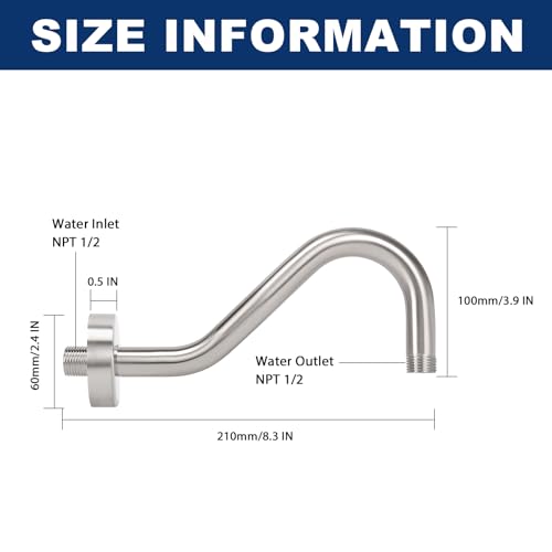 NearMoon J Shaped Shower Extension Arm, Stainless Steel Shower Head Height Extender with Flange, Riser Pipe Design for Cozy Shower Experience, Standard 1/2" Connection (8 Inch, Brushed Nickel) by NearMoon - Image 2