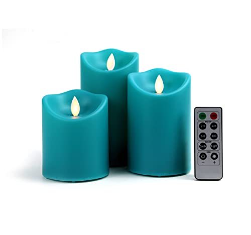 Kitch Aroma Outdoor Waterproof Teal Candles Teal Outdoor Battery Operated Pillar Flameless Candles, Moving Flame Led Candles With Timers Remote, Teal Plastic Candles, D3.25 X H4 5" 6" #TOP6