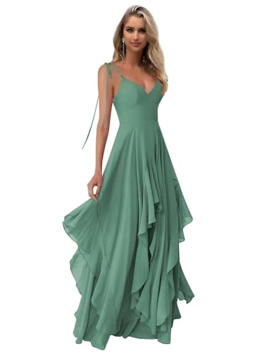 Chiffon Bridesmaid Dresses for Wedding Long Pleated V Neck Spaghetti Straps Tiered Ruffle Formal Evening Gown