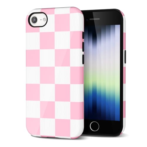 Svanove Checkered Phone Case for iPhone SE Case 3rd 2nd iPhone 7 8 Plaid Lattice, Girly Cute Checkerboard Case for Women, Aesthetic Checker Print Design, Slim Thin Hard Shell Plastic Cover, Pink White