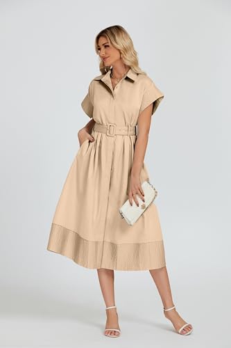 Image of Ladyful Women Casual Button Down Shirt Dress Short Wing Sleeve Buiness Midi Shirt Dress with Belt Elegant Dress