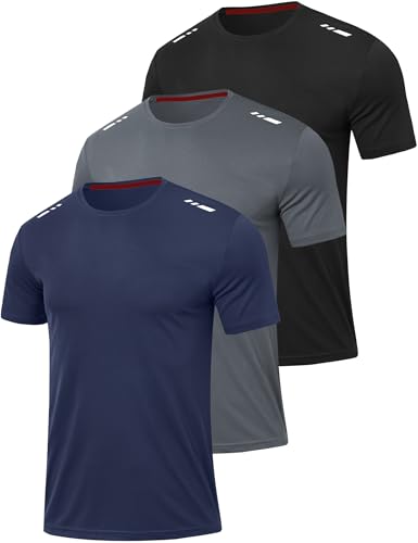 ozkzdp Mens Gym T Shirts Multipack Activewear Men's Gym Tops Summer Sports Tshirt Crew Neck Running T Shirt 3 Pack, Black/Grey/Navy M