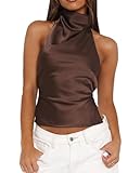 QLQLWDD Women Y2K Sleeveless Halter Neck Satin Top Open Back Mock Neck V Neck Cami Blouse Beach Party Going Out Streetwear (a Dark Brown, S)