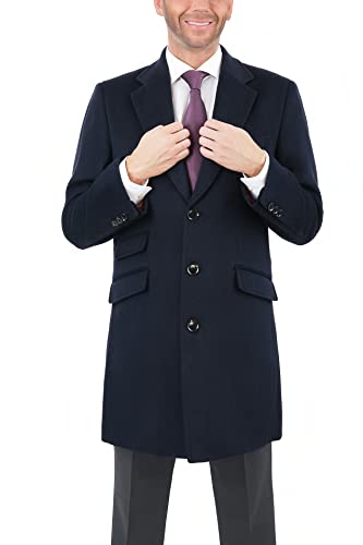 THE SUIT DEPOT Regular Fit Solid Navy Blue Wool Cashmere Blend 3/4 Topcoat With Ticket Pocket