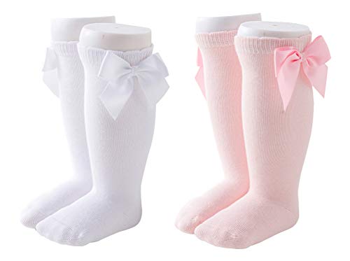 Maorrew 2 Pack Baby Girls Knee High Socks Bow Long Stockings Infants Toddlers Cotton Ruffled Uniform Leggings White/Light Pink 0-12 Months