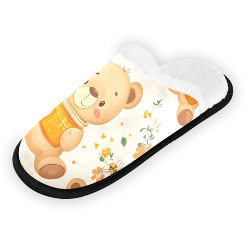 Cute Teddy Bear Honey Plush Slippers for Women Men Warm Comfortable Travel Spa Slipper Non-slip House Shoes2
