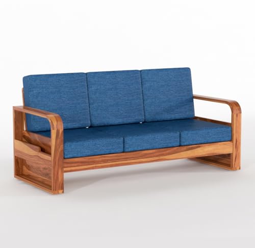 Image of Solid Sheesham Wooden 3 Seater Sofa for Living Room | Sofa with Side Pocket Storage & Cushion | Rosewood Sofa Set for Home (Honey with Blue Cushion, 3 Seater)