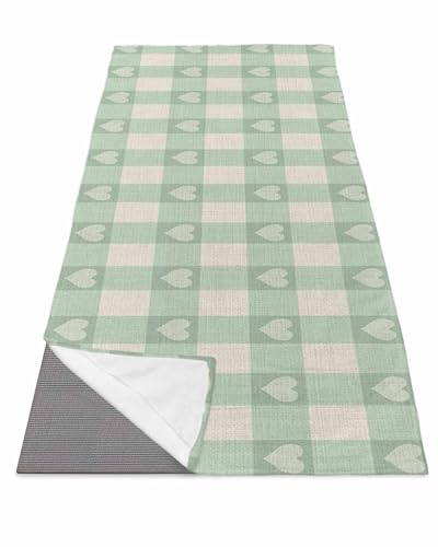 BOSIJOY Yoga Mat Towel,Seamless Love Heart Green Checker Non Slip Sweat Absorbent Hot Yoga Towels with Corner Pockets,Stripe Plaid on Farm Linen Soft Microfiber Towel for Pilates Bikram 70