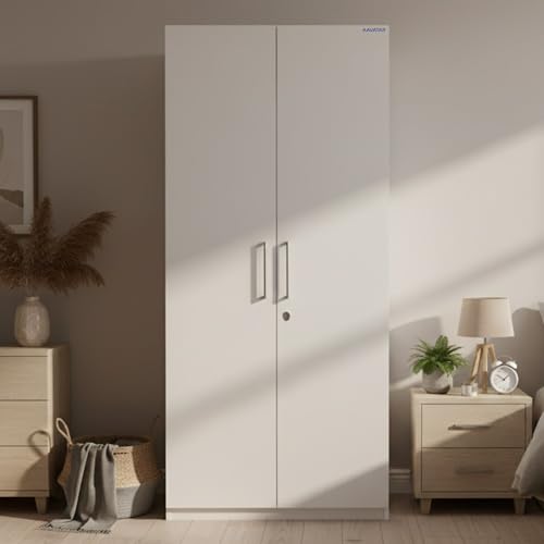 Image of AAVATAR 2-Door Wood Wardrobe with Shelves and Hanging Space for Bedroom, Wood Wardrobe for Clothes, 2 Door Wardrobe Without Mirror (Colour - White, Size 75 X 30 X 19 Inch)
