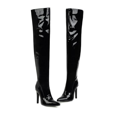 Bottes de chevalier ultra-haut talon aiguille 10cm et design brevet brillant noir