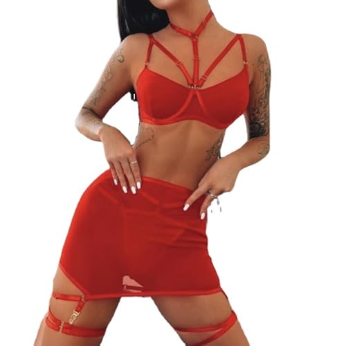Lingerie érotique trois pièces latex et maille sexy pour femme