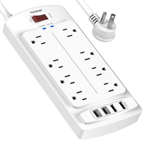 Image of Surge Protector Power Strip - Teiobar Flat Plug Extension Cord with 8 Outlets and 4 USB Ports, 6 Feet Power Cord, 2700 Joules, ETL Listed, White