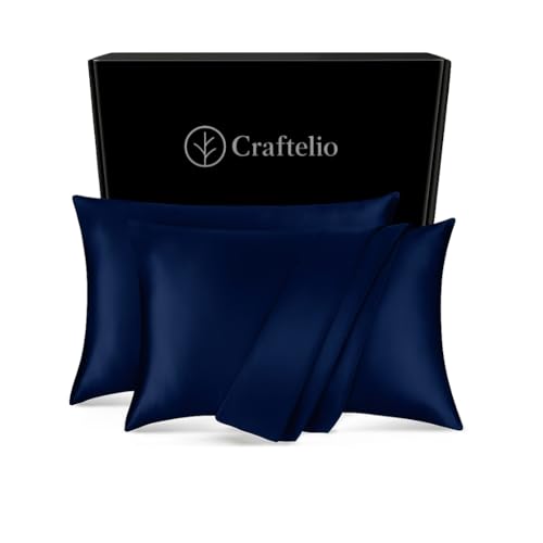 Image of Satin Pillow Covers Set of 2 with 3 Free Random Color Scrunchies - Luxurious, Soft & Smooth Cushion Cases for Skin and Hair Care (Navy Blue)