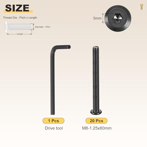Image of METALLIXITY Flat Head Hex Socket Cap Screws Bolts(M8-1.25x80) 10Pcs, with Wrench Steel Hex Socket Furniture Bolts Screws - for Furniture Woodworking Project, Black