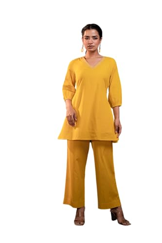 Image of Women's Mustard Striped Cotton Kurta & Pants Co-ord Set with Zari Work