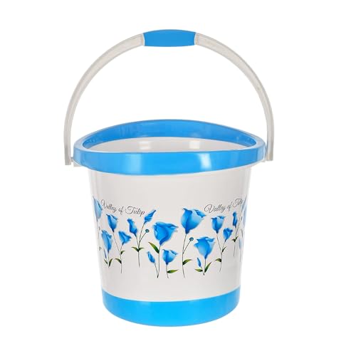 Image of Kuber Industries Bucket for Bathroom 18 Litre | Bucket for Kitchen | Balti for Bathing with Handle | Bucket for Washing Clothes & Mopping | Tulip Flower-Blue