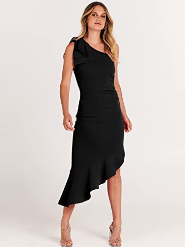 Anrabess Women's Summer One Shoulder Formal Graduation Prom Midi Dresses Sleeveless Bodycon Mermaid Ruffle Cocktail Wedding Guest Dress 838Heise-M Black #TOP4