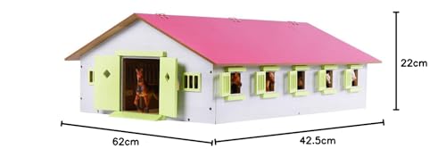 Kids Globe Farming Reiterhof rosa Bauernhof Pferdestall Holz 1:32 mit 9 Boxen, Spielzeug Pferdehof, mit praktischem Faltdach, für alle gängigen Tierfiguren 610188